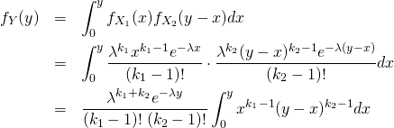 \begin{eqnarray*} f_Y(y)  &=& \int_0^y f_{X_1}(x)f_{X_2}(y-x)dx \\ &=& \int_0^y \frac{\lambda^{k_1} x^{k_1-1} e^{-\lambda x} }{(k_1-1)!} \cdot \frac{\lambda^{k_2} (y-x)^{k_2-1} e^{-\lambda (y-x)} }{(k_2-1)!} dx \\ &=& \frac{\lambda^{k_1+k_2} e^{-\lambda y} }{(k_1-1)!\;(k_2-1)!} \int_0^y x^{k_1-1} (y-x)^{k_2-1} dx \end{eqnarray*}