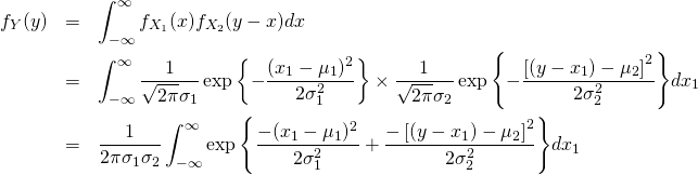 \begin{eqnarray*} f_Y(y) &=& \int_{-\infty}^{\infty} f_{X_1}(x)f_{X_2}(y-x)dx \\ &=& \int_{-\infty}^{\infty} \frac{1}{\sqrt{2\pi}\sigma_1} \exp{\left\{ -\frac{(x_1-\mu_1)^2}{2\sigma_1^2} \right\}} \times \frac{1}{\sqrt{2\pi}\sigma_2} \exp{\left\{ -\frac{\left[(y-x_1)-\mu_2\right]^2}{2\sigma_2^2} \right\}} dx_1 \\ &=& \frac{1}{2\pi\sigma_1\sigma_2} \int_{-\infty}^{\infty} \exp{\left\{ \frac{-(x_1-\mu_1)^2}{2\sigma_1^2} +\frac{-\left[(y-x_1)-\mu_2\right]^2}{2\sigma_2^2} \right\}} dx_1 \end{eqnarray*}