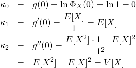 \begin{eqnarray*} \kappa_0 &=& g(0) = \ln \Phi_X(0) = \ln 1 = 0 \\ \kappa_1 &=& g'(0) = \frac{E[X]}{1} = E[X] \\ \kappa_2 &=& g''(0)= \frac{E[X^2]\cdot1 - E[X]^2}{1^2} \\ &=&E[X^2] - E[X]^2 = V[X] \end{eqnarray*}
