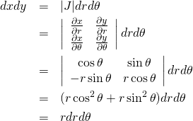 \begin{eqnarray*} dxdy &=& |J| drd\theta\\ &=& \left| \begin{array}{cc} \frac{\partial x}{\partial r} & \frac{\partial y}{\partial r} \\ \frac{\partial x}{\partial \theta} & \frac{\partial y}{\partial \theta} \end{array} \right| drd\theta \\ &=& \left| \begin{array}{cc} \cos \theta & \sin \theta \\ -r \sin \theta & r \cos \theta \end{array} \right| drd\theta \\ &=& (r \cos^2 \theta + r \sin^2 \theta ) drd\theta \\ &=& r drd\theta \end{eqnarray*}