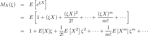 \begin{eqnarray*} M_X(\xi) &=&  E\left[e^{\xi X}\right]\\ &=& E\left[ 1+ (\xi X) + \frac{(\xi X)^2}{2!}+\cdots + \frac{(\xi X)^m}{m!}+\cdots \right] \\ &=& 1+ E[X]\xi + \frac{1}{2!}E\left[ X^2 \right]\xi^2 + \cdots + \frac{1}{m!}E\left[ X^m \right]\xi^m + \cdots  \end{eqnarray*}