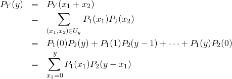 \begin{eqnarray*} P_Y(y) &=& P_Y(x_1 + x_2) \\ &=& \sum_{(x_1,x_2) \in U_y} P_1(x_1)P_2(x_2) \\ &=& P_1(0)P_2(y) + P_1(1)P_2(y-1) + \cdots + P_1(y)P_2(0) \\ &=& \sum^{y}_{x_1=0} P_1(x_1)P_2(y-x_1) \end{eqnarray*}
