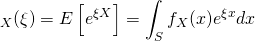 \begin{equation*} \M_X(\xi) = E\left[e^{\xi X}\right] = \int_S f_X(x)e^{\xi x} dx \end{equation*}